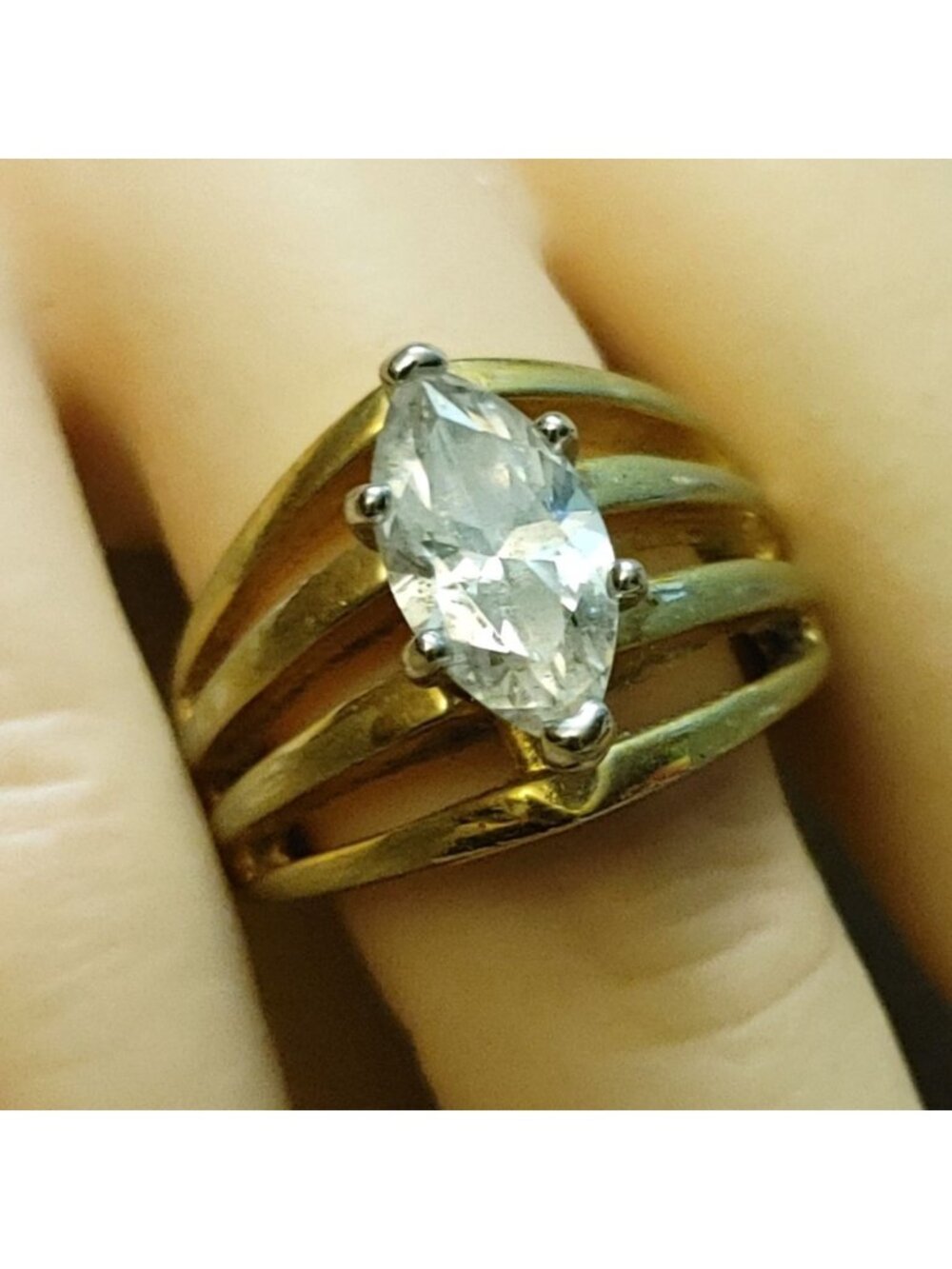 Marquise Cut Crystal Ring Size 8 Vintage Gold Tone Band Split Shank Design